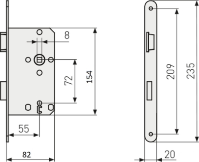 technische Zeichnung eines Türschlosses zum Einstecken in Zimmertüren